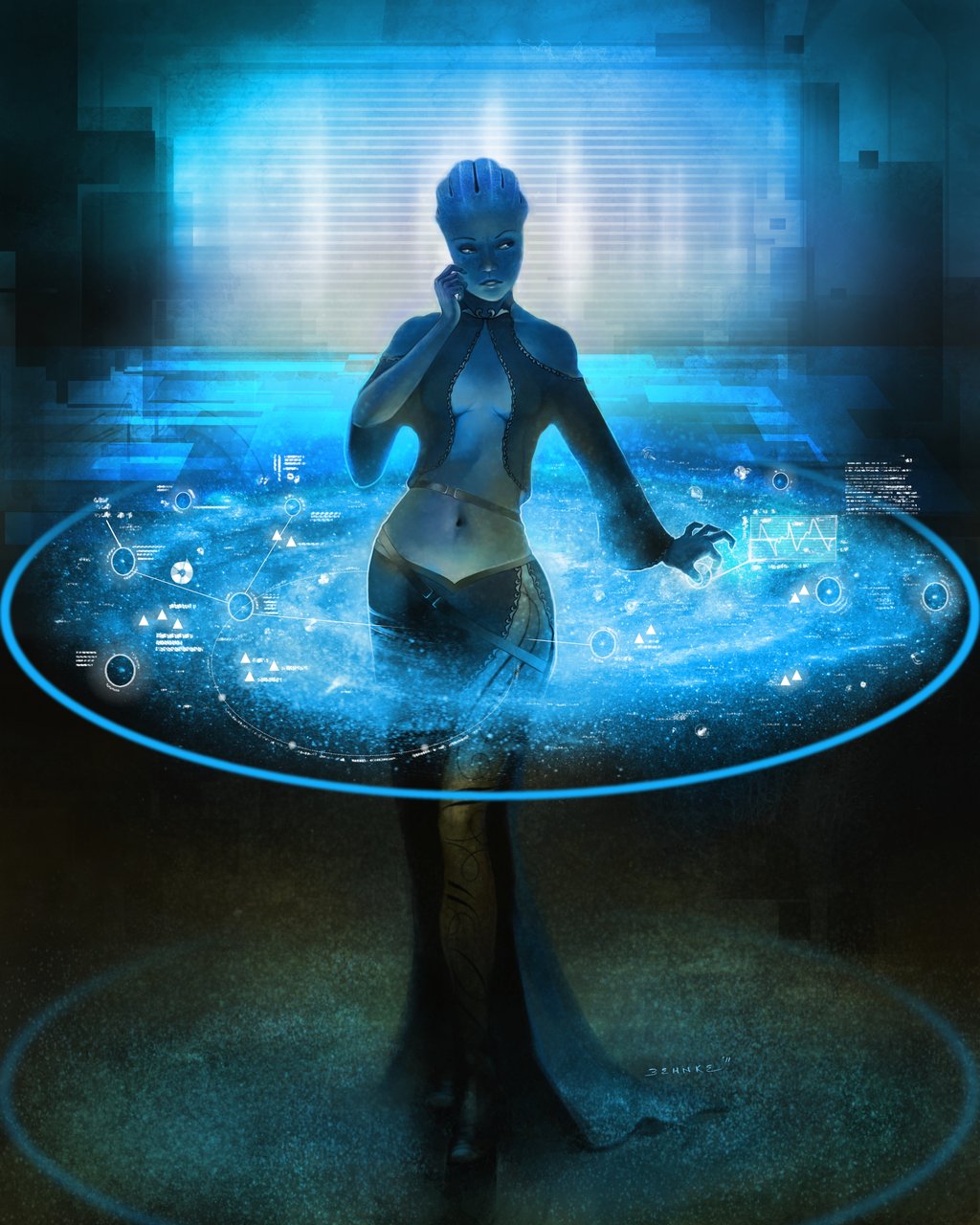 asari behnkestudio blue_theme breasts clothed clothing cool_colors female hologram liara_t'soni liara_t'soni map mass_effect navel not_furry sci-fi skimpy solo tattoo wide_hips