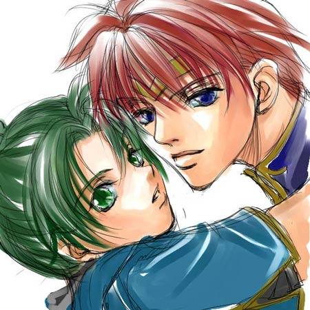 blue_eyes couple eliwood fire_emblem fire_emblem:_rekka_no_ken fire_emblem_blazing_sword green_eyes green_hair hug incipient_kiss lips lowres lyn lyndis_(fire_emblem) red_hair short_hair tiara