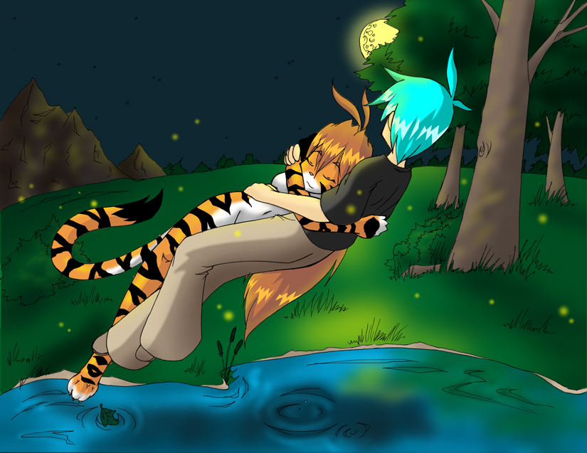 anthro blue_hair brown_hair clothed clothing couple eyes_closed feline female flora_(twokinds) hair holding human keidran lake long_brown_hair long_hair male night nude orange outside pants shirt shoes short_blue_hair short_hair sleeping stripes tail tiger tom_fischbach trace_(twokinds) tree twokinds water