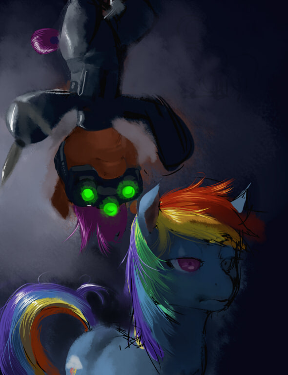 bodysuit cub cutie_mark duct_tape equine eyewear female feral friendship_is_magic fur goggles hair horse imminent_death knife mammal multi-colored_hair my_little_pony ottanta parody pink_eyes pink_hair pony rainbow_dash_(mlp) rainbow_hair revenge scootaloo_(mlp) skinsuit splinter_cell young