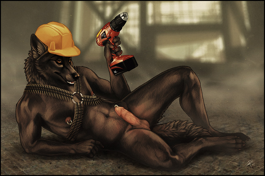 balls canine circumcised cordless_drill erection fangs glans hard_hat helmet male nipple_piercing nipple_ring nipples nude penis penis_piercing piercing pinup powertool prince_albert raised_leg solo star_(artist) wolf