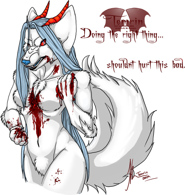 anthro blood demon female gore horn horns looking_at_viewer plain_background solo teeth temrin temrin_(character) white_background