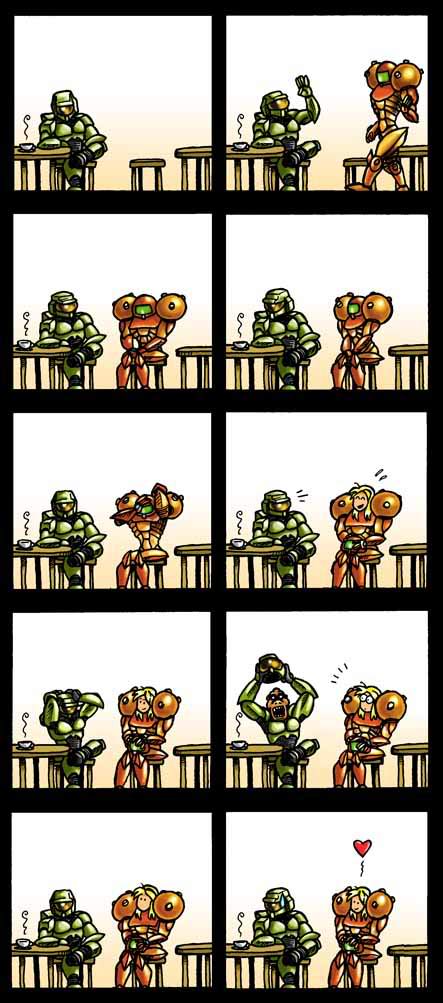 armor comic cute date drink halo halo_(series) helmet hi hot_drink identify inside mammal master_chief metriod metroid mistaken_identity monkey plain_background primate remove reveal samus samus_aran sitting surprise sweat sweatdrop table unknown_artist video_games