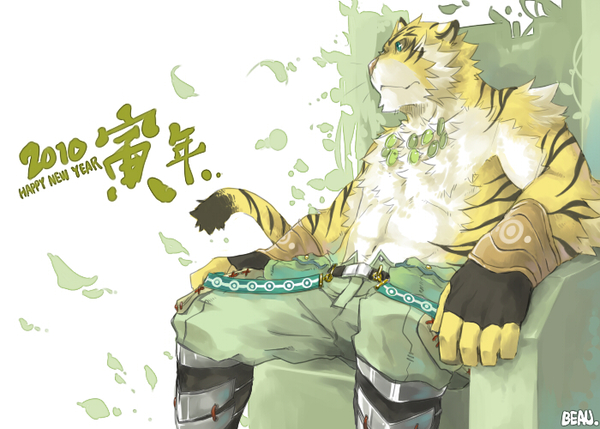 2010 beau_(artist) feline japanese sitting text throne tiger yellow_tiger