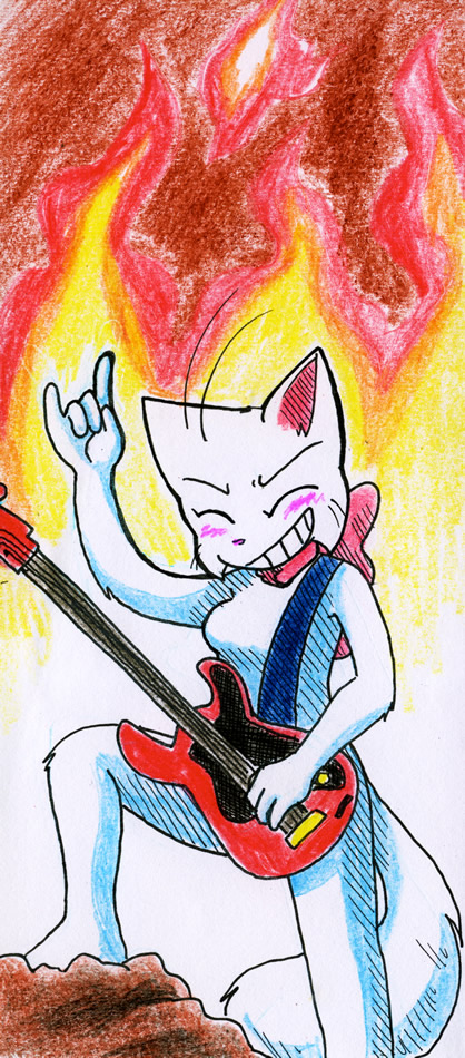 anthro backpack bci_commission bittersweet_candy_bowl blush bow breasts cat electric_guitar eyes_closed feline female fire flames fur grin guitar happy headbanging lucy lucy_(bcb) mammal music nude on_rock pose rocking_out rocking_the_house solo taeshi_(artist) white_fur