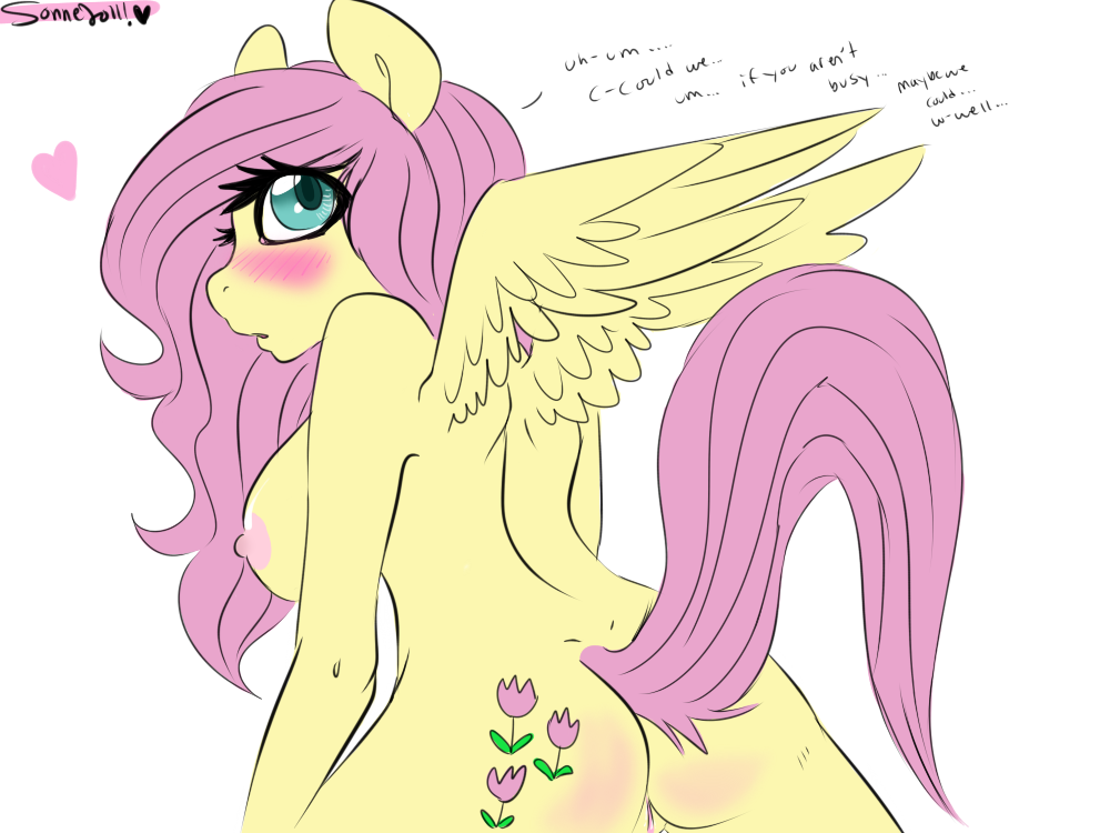anthro anthrofied blush cutie_mark equine female fluttershy_(mlp) friendship_is_magic hair hooves horse looking_back mammal my_little_pony pegasus plain_background pony posey_(mlp) pussy shy signature solo sonne text white_background wing_boner wings