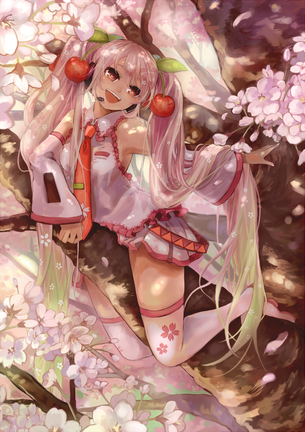 armpits bare_shoulders cherry cherry_blossoms detached_sleeves food fruit hatsune_miku highres in_tree leg_hold long_hair lying md5_mismatch object_namesake on_stomach open_mouth outdoors pink pink_eyes pink_hair pink_legwear pink_skirt pisuke sakura_miku skirt sleeveless smile solo straddling thighhighs tree twintails very_long_hair vocaloid wide_sleeves zettai_ryouiki