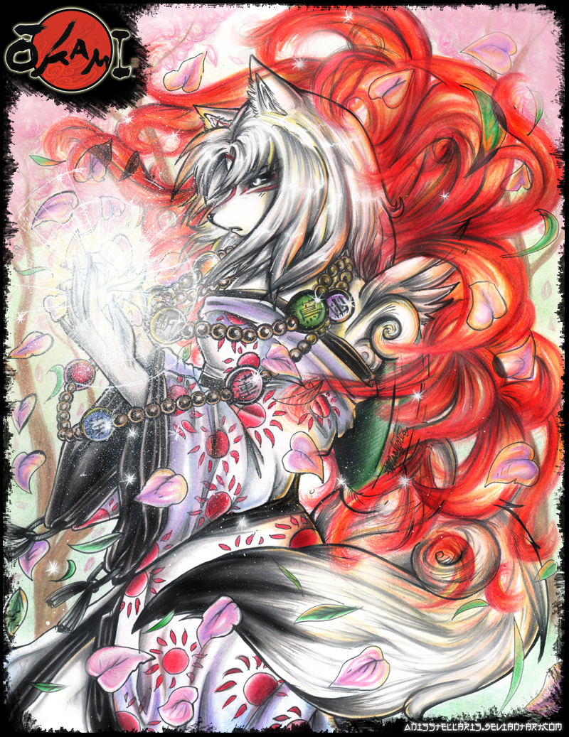 amaterasu anisstellaris canine cherry_blossom deity female flames han_characters japanese_clothing kimono light pink red solo video_games wolf ōkami