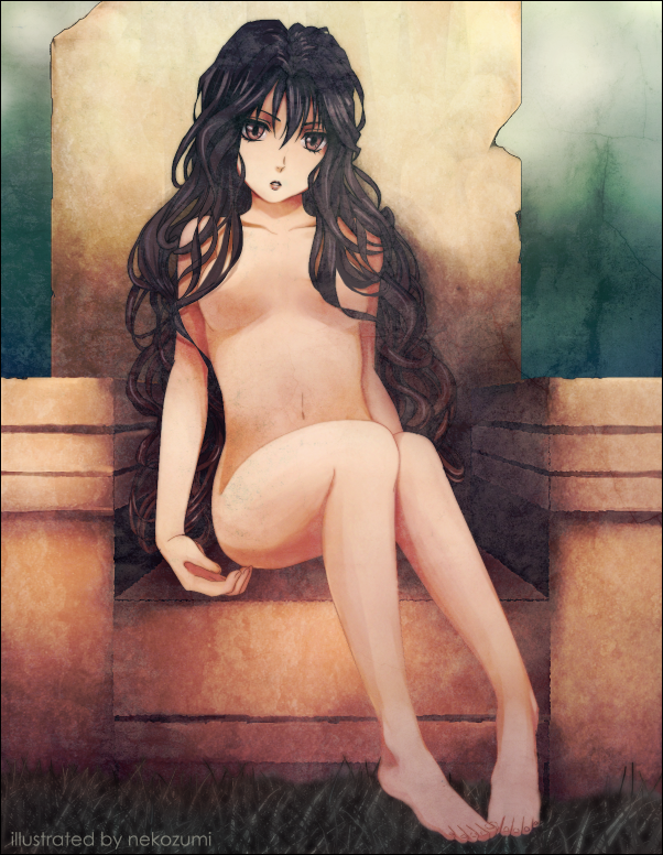 angel_sanctuary artist_name barefoot brown_eyes brown_hair censored character_request convenient_censoring face feet hair_censor hair_over_breasts long_hair messy_hair navel nekozumi nude sitting solo throne wavy_hair