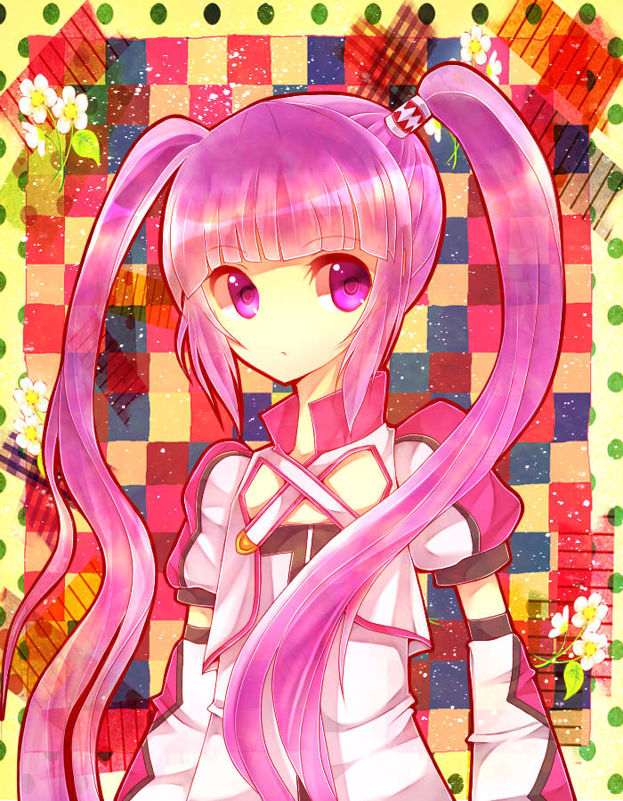 ajuvyrvosjfj arms_at_sides bad_id bad_pixiv_id border checkered checkered_background coat detached_sleeves flower long_hair multicolored multicolored_background polka_dot_border purple_eyes purple_hair sidelocks solo sophie_(tales) tales_of_(series) tales_of_graces twintails yellow_border