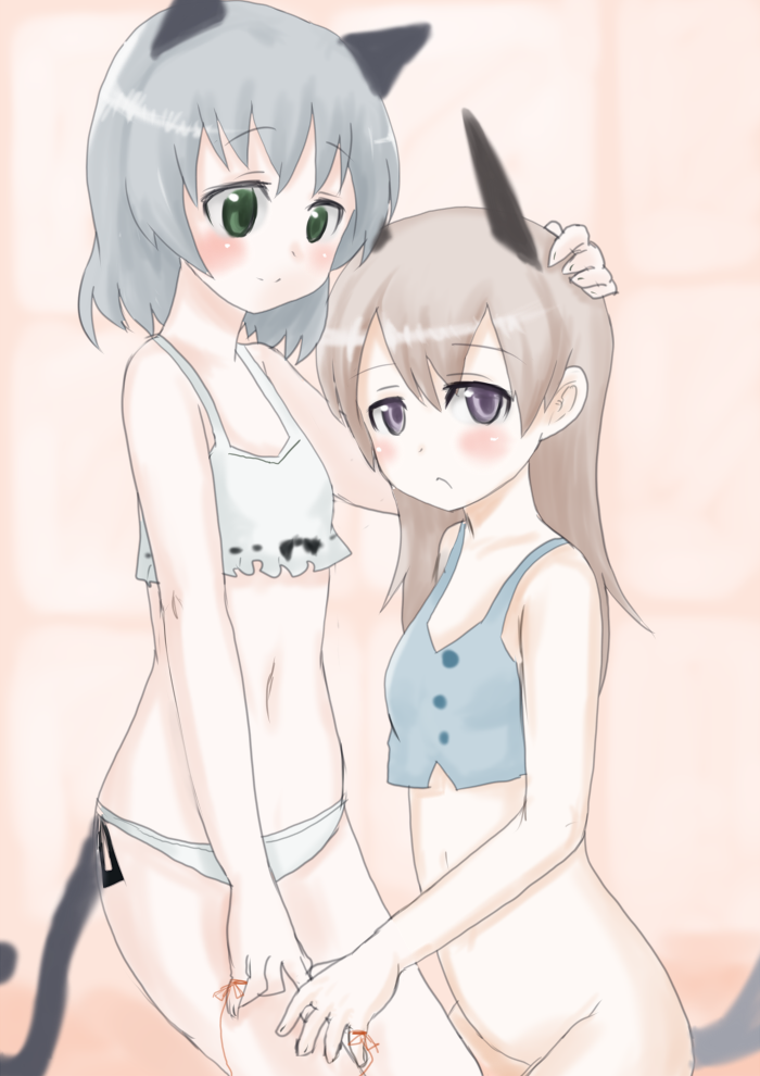 animal_ears blonde_hair blue_eyes blush eila_ilmatar_juutilainen green_eyes hand_on_another's_head lingerie long_hair multiple_girls no_panties panties red_string sanya_v_litvyak short_hair silver_hair smile strike_witches string tail underwear world_witches_series yukihyou_(blue_0129)