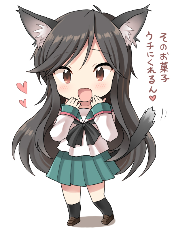 a_channel animal_ears black_hair black_legwear blush brown_eyes cat_ears cat_tail chibi hand_to_own_mouth inaho kemonomimi_mode kneehighs long_hair looking_at_viewer nishi_yuuko open_clothes open_shirt school_uniform shirt simple_background solo tail translated white_background