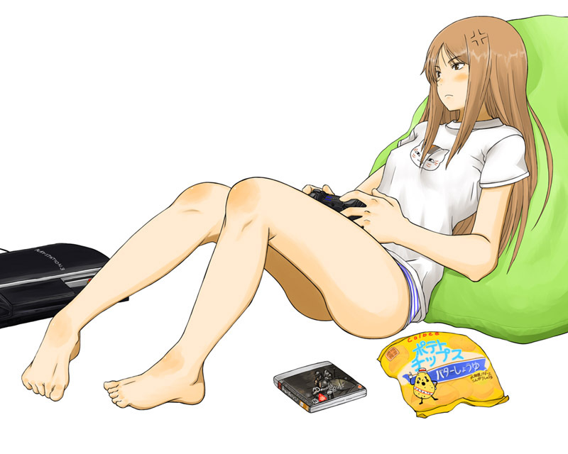 anger_vein ass bad_feet bare_legs barefoot brown_eyes brown_hair controller covered_nipples demon's_souls feet full_body game_console game_controller joy_(joy-max) long_hair natsume_reiko natsume_yuujinchou no_pants nyanko original panties playing_games playstation_3 shirt simple_background sitting slovenly solo sony souls_(from_software) striped striped_panties t-shirt underwear