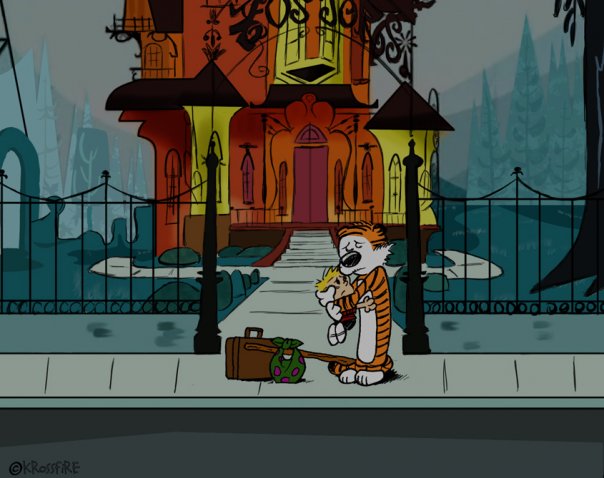 :( calvin calvin_and_hobbes depressing feline foster's_home_for_imaginary_friends foster's_home_for_imaginary_friends frown goodbye hobbes hug human krossfire leaving mammal sad suitcase tiger