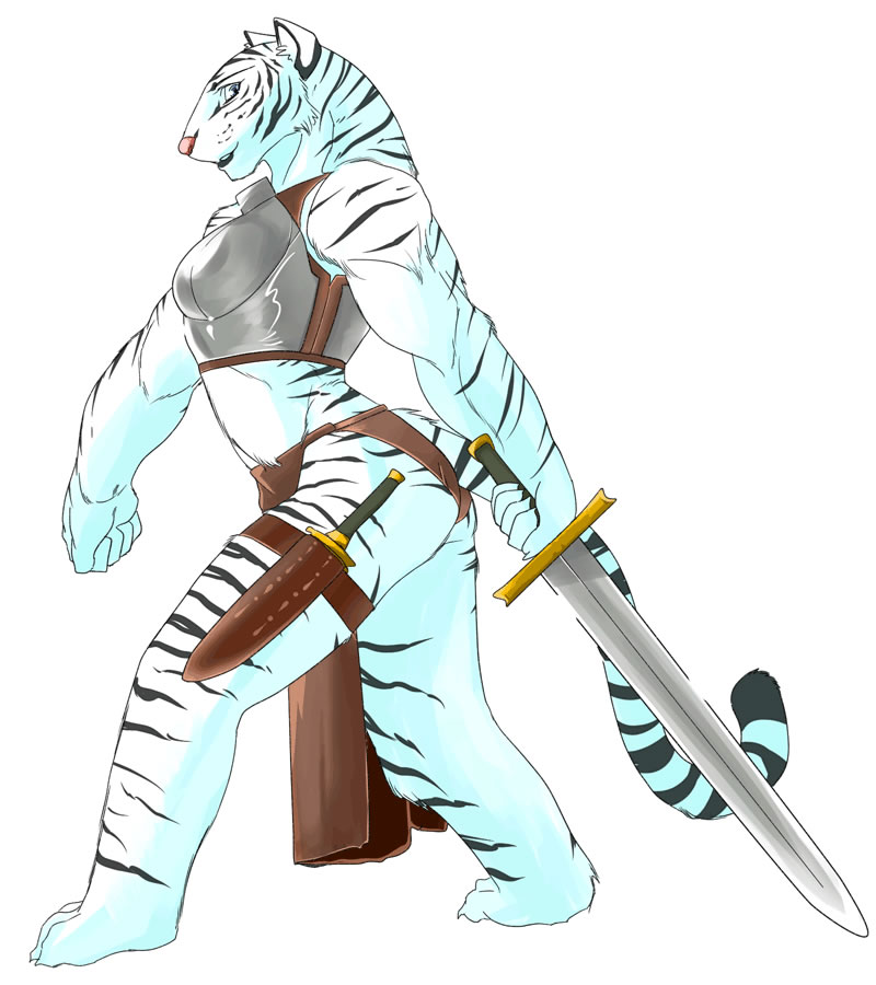 alan_dean_foster armor cankles dagger feline female kazuhiro muscles oekaki roseroar skimpy spellsinger sword tiger weapon white_tiger
