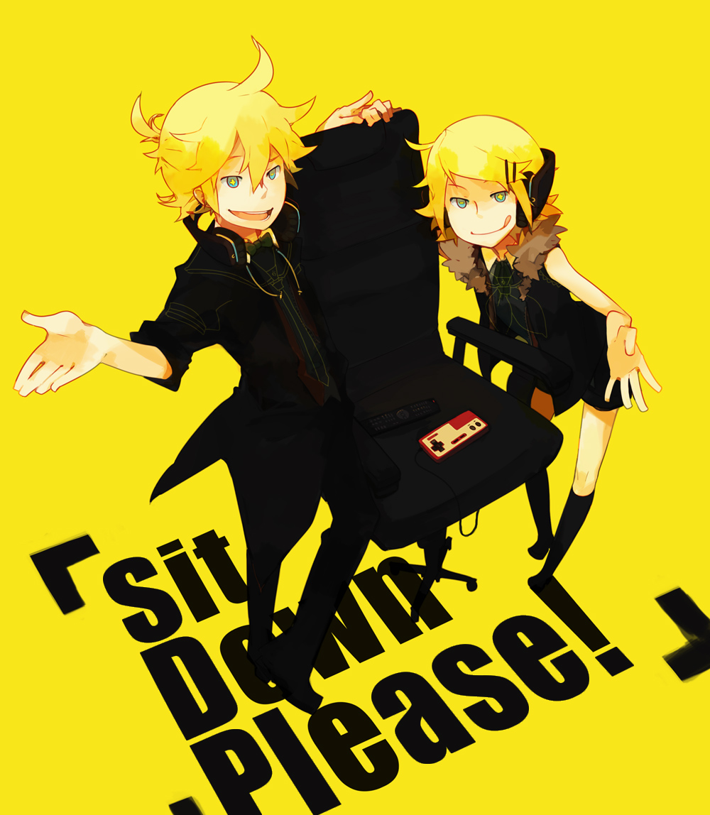 1girl aqua_eyes bare_shoulders black_dress black_legwear blonde_hair brother_and_sister chair controller dress famicom from_above fur_collar game_console game_controller glider_(artist) hair_ornament hairclip headphones jacket kagamine_len kagamine_rin kneehighs looking_up necktie rimocon_(vocaloid) short_hair siblings smile socks tongue twins video_game vocaloid