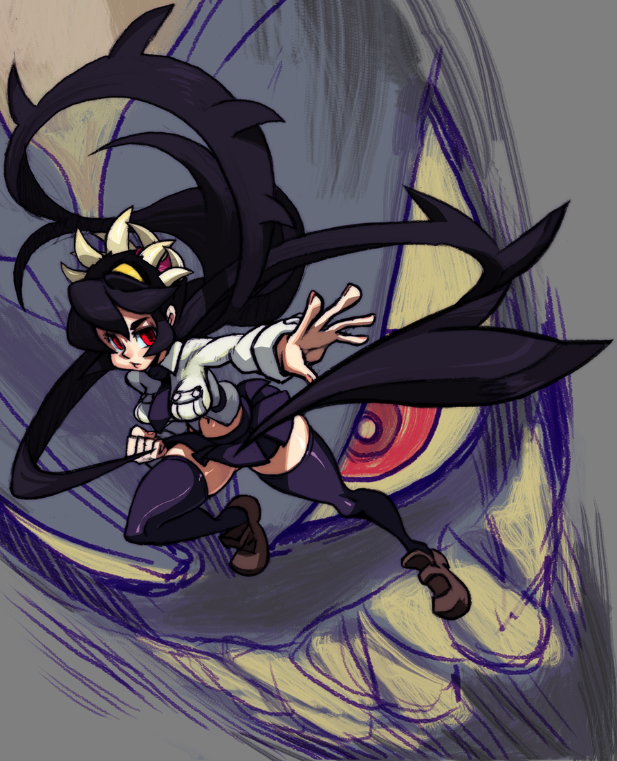 alex_ahad bangs belt black_belt black_footwear black_hair black_legwear black_neckwear black_skirt breasts buttons clenched_hand closed_mouth collared_shirt dress_shirt evil_grin evil_smile fighting_stance filia_(skullgirls) floating_hair foreshortening from_side full_body grin leaning_forward leg_lift leg_up legs_apart lips loafers long_hair long_sleeves looking_at_viewer medium_breasts midriff miniskirt monster navel necktie open_mouth outstretched_arm pleated_skirt pocket prehensile_hair red_eyes samson_(skullgirls) school_uniform serious sharp_teeth shirt shoes skirt skullgirls smile spiked_hair teeth thighhighs thighs very_long_hair white_shirt yellow_eyes zettai_ryouiki