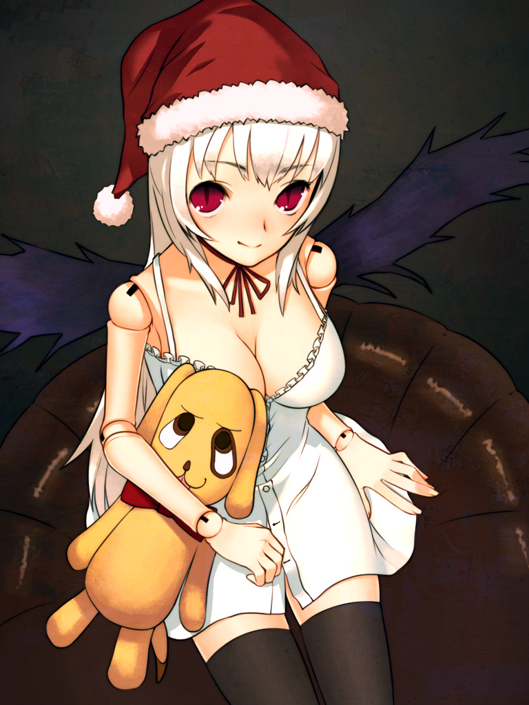 blonde_hair breasts christmas cleavage doll_joints hands hat kunkun large_breasts red_eyes rozen_maiden santa_hat sentou sitting solo stuffed_animal stuffed_dog stuffed_toy suigintou thighhighs