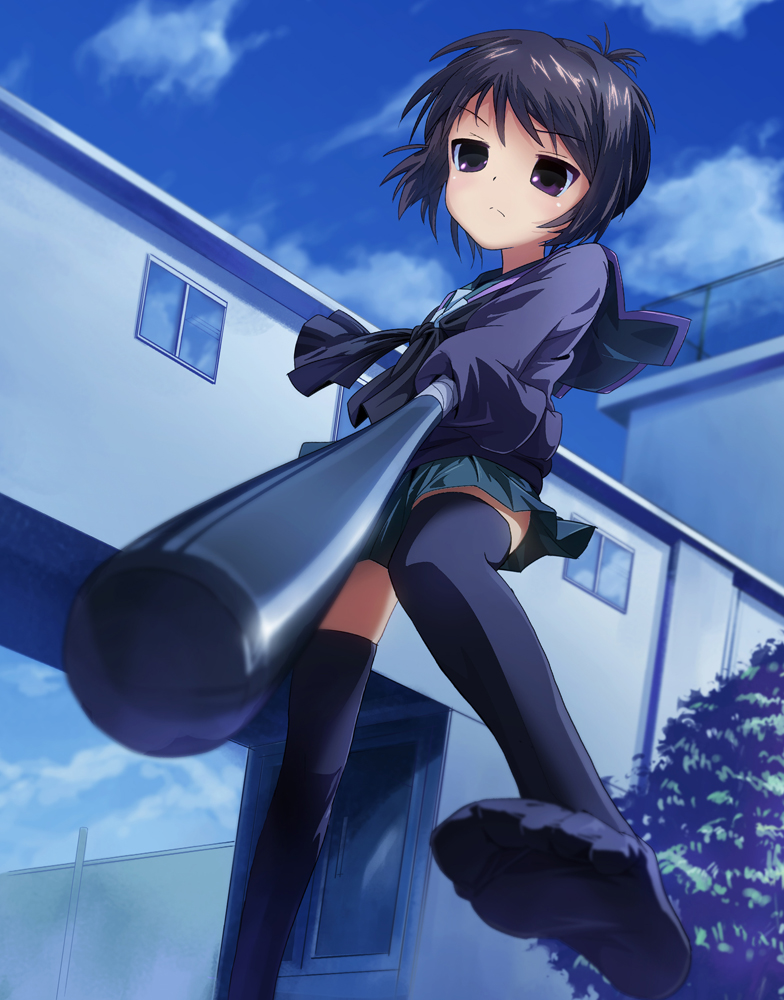 :&lt; a_channel baseball_bat black_hair bun150 feet foreshortening from_below ichii_tooru purple_eyes school_uniform short_hair skirt sleeves_past_fingers sleeves_past_wrists solo thighhighs