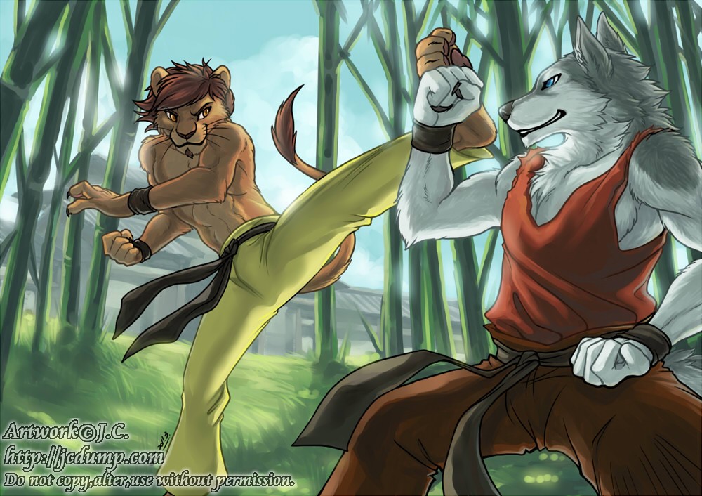 anthro athletic battle belt biceps blue_eyes bracelet brown_eyes brown_fur brown_hair brutal:_paws_of_fury canine cat claws clothed clothing do_not_distribute duo facial_hair feline fight fur grey_fur grey_hair grin hair half-dressed j_c jc jewelry kendo_coyote kick legs_up lion male mammal martial_arts muscles pants pecs pose prince_leon_of_kenya shirt smile sport spread_legs spreading tank_top toned topless torn_clothing wolf wristband