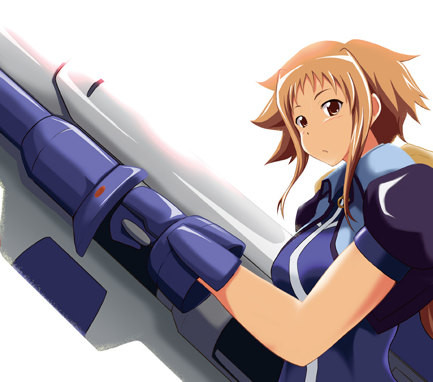 azumaya_hironaru brown_eyes brown_hair dieci_(nanoha) long_hair lyrical_nanoha mahou_shoujo_lyrical_nanoha_strikers numbers_(nanoha) short_hair solo weapon