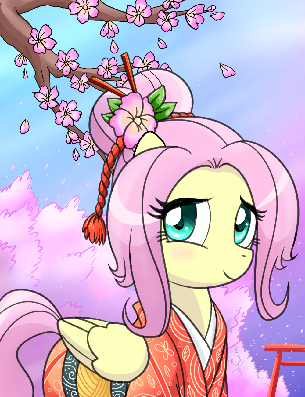 beautiful blush cherry_blossom cherry_blossoms chinese_dress chopsticks cord cyan_eyes digital_media_(art) equine female feral flower flower_in_hair fluttershy_(mlp) friendship_is_magic front_view hair hair_bun half-length_portrait horse japanese_clothing kimono looking_at_viewer madmax mammal mlp my_little_pony pegasus petals pink_hair pony quadruped scenic side_view smile solo standing tassels three-quarter_view tree unknown_artist wings