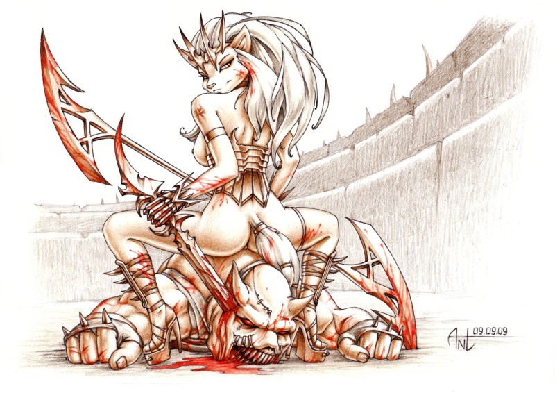 blood breasts cat clothed clothing death duo feline female gore guro hair impalement long_hair looking_at_viewer looking_back male mammal pussy side_boob sitting skimpy unconvincing_armor unconvincing_armour weapon word