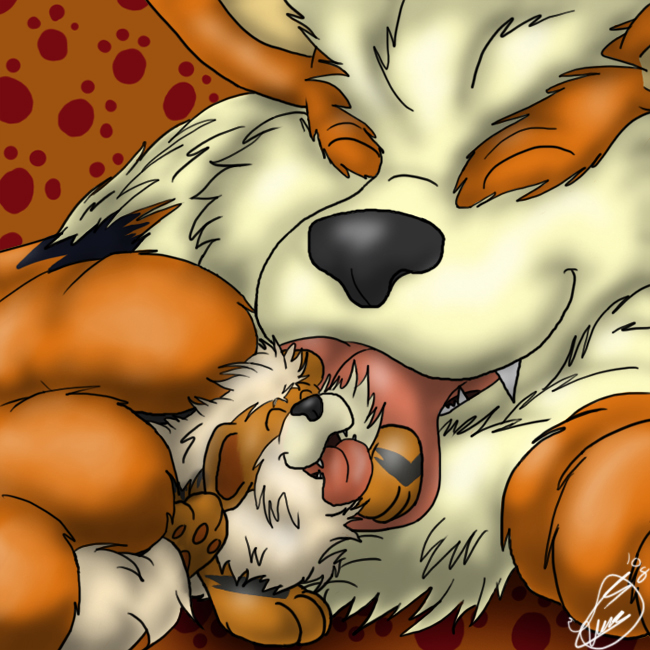 2008 arcanine canine chest_tuft cub cute dad dog eyes_closed fangs growlithe juano licking lying male orange pok&eacute;mon puppy size_difference tongue