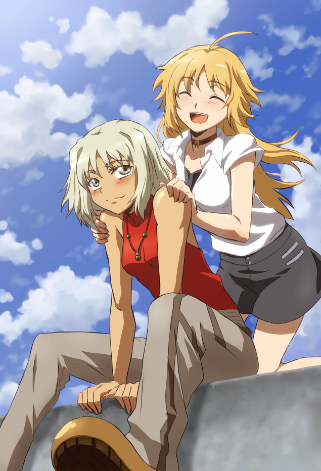 2girls 428 blonde_hair blush breasts canaan canaan_(character) chunsoft eyes_closed female long_hair multiple_girls oiun oosawa_maria open_mouth short_hair sitting skirt sky smile