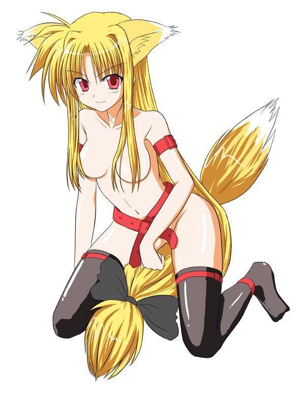 animal_ears blonde_hair breasts canine female fox foxgirl hair hentai kemonomimi kitsunemimi kneeling long_blonde_hair long_hair looking_at_viewer red_eyes soft solo tail thigh_highs unknown_artist