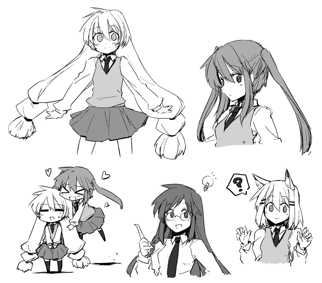 &gt;_&lt; =_= ? animal_ears aono_makishi closed_eyes glasses greyscale hair_ornament hairclip heart light_bulb long_hair lysander_z monochrome multiple_girls nanase_yae necktie niwatazumi_keiko school_uniform skirt smile torikoro twintails very_long_hair yuzaki_tatami