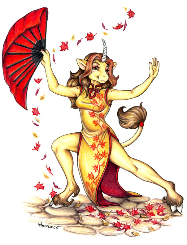 aura_moser autumn chinese_dress cute dancing dress equine fall_(season) fan female japanese_maple solo unicorn