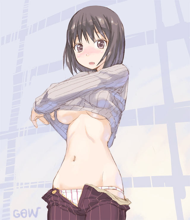 bad_id bad_pixiv_id black_eyes black_hair blush breasts brown_eyes brown_hair copyright_request large_breasts looking_at_viewer navel no_bra open_mouth open_pants short_hair signature solo surprised sweater tougetsu_gou underboob undressing zipper