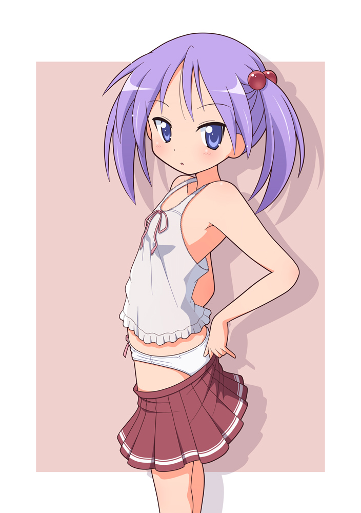 bare_shoulders blue_eyes blush camisole dressing flat_chest hair_bobbles hair_ornament hiiragi_kagami lucky_star mel_(melty_pot) panties pleated_skirt purple_hair shadow short_hair short_twintails simple_background skirt solo twintails underwear white_panties