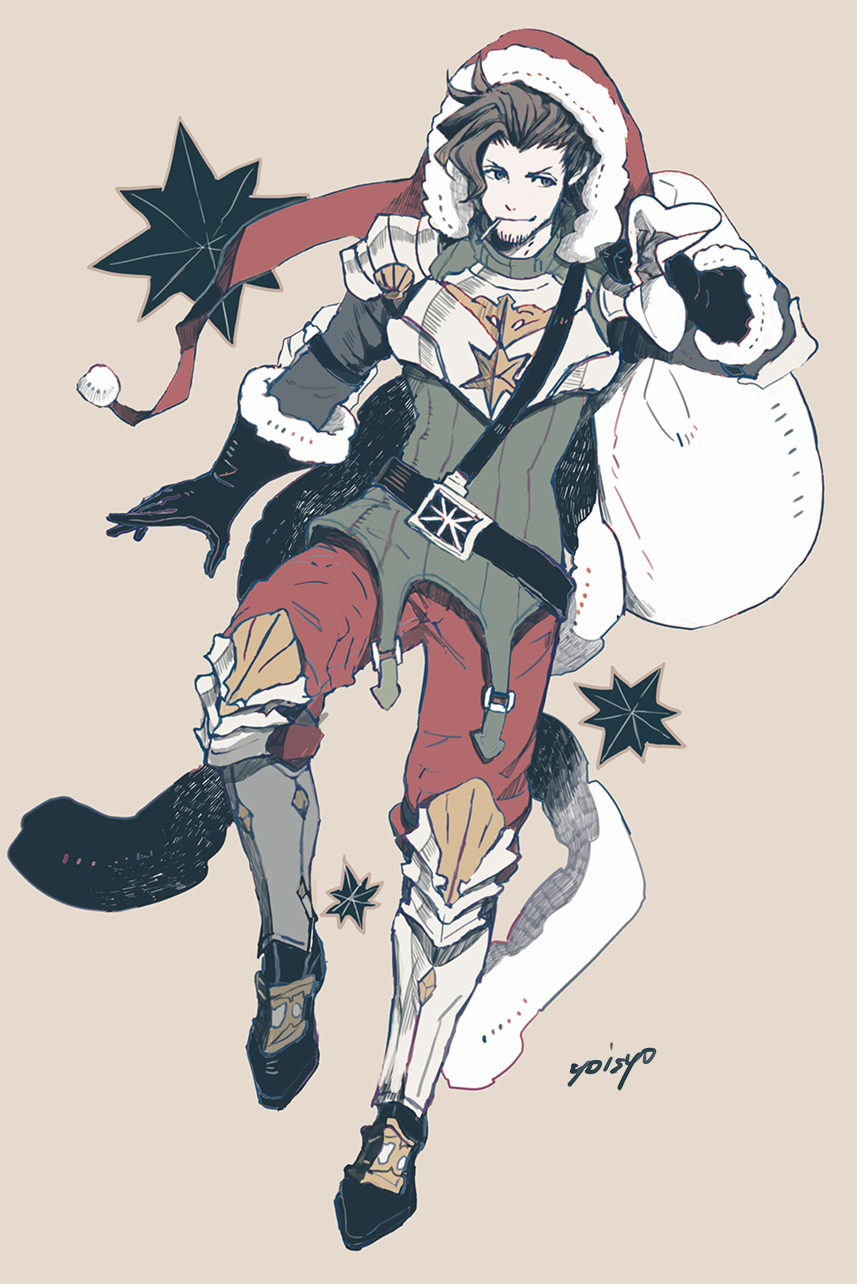 1boy alternate_costume armor artist_name belt black_gloves brown_hair facial_hair full_body gloves granblue_fantasy greaves hat highres male_focus mouth_hold over_shoulder rackam_(granblue_fantasy) red_hat sack santa_hat smile yoisho_(yoisyoisyo)