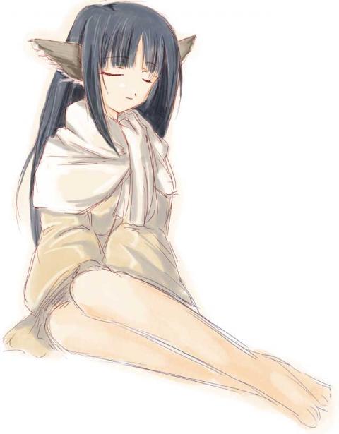 animal_ears barefoot black_hair eyes_closed female hair hentai long_black_hair long_hair sitting soft solo unknown_artist