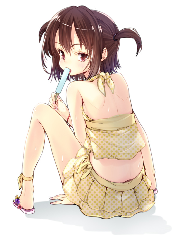 ankle_ribbon arm_support back bangs bare_back bare_legs bare_shoulders bracelet breasts brown_hair buriki_(style) camisole crop_top eating feet flower food from_behind full_body hair_tie holding ice_cream jewelry legs licking looking_at_viewer looking_back midriff miniskirt nail_polish original parody parted_bangs pleated_skirt polka_dot red_eyes ribbon sandals shadow short_hair simple_background sitting skirt sleeveless small_breasts solo spread_legs style_parody subachi sweat tongue tongue_out two_side_up white_background