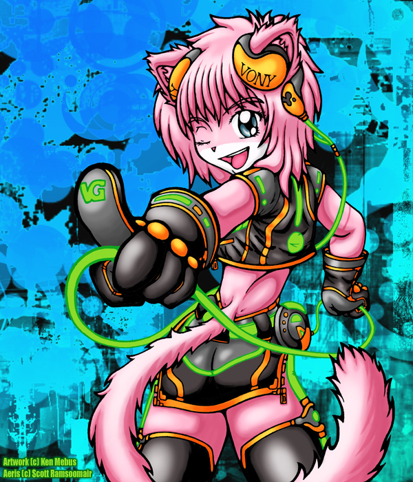 aeris_(vg_cats) back blue_eyes cat feline female hair headphones ken_mebus looking_at_viewer midriff over_the_shoulder pink pink_hair short_hair short_pink_hair solo tail vgcats