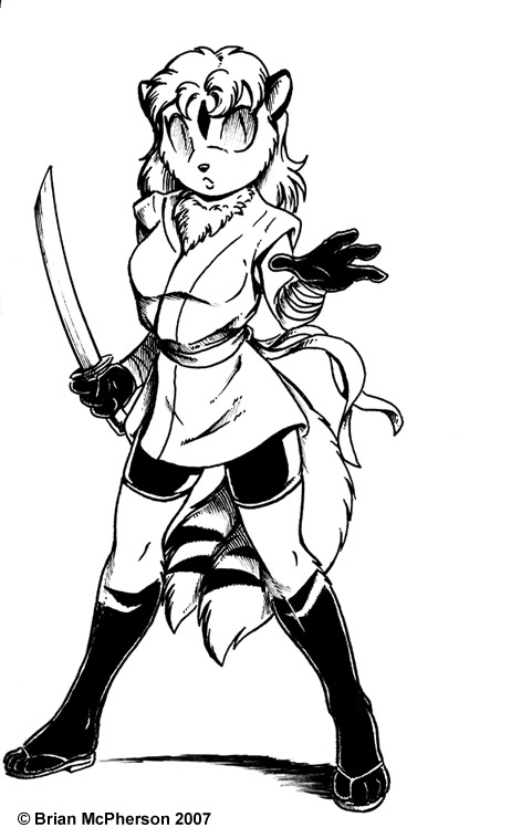 black_and_white brian_mcpherson chest_tuft cute feline female inuyasha kirara monochrome solo sword weapon