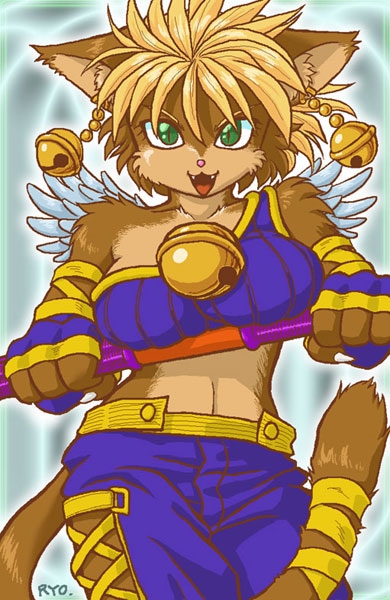 bells cat danae feline female legend_of_mana looking_at_viewer polearm ryou solo staff weapon wings