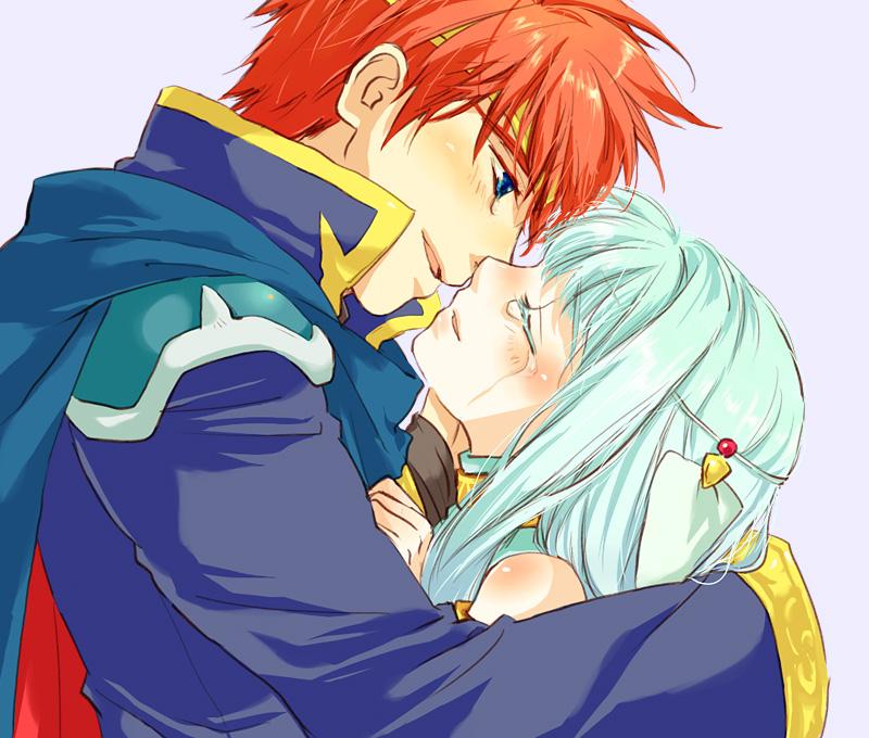 aqua_hair bare_shoulders blue_eyes blush cape couple dress eliwood eyes_closed fire_emblem fire_emblem:_rekka_no_ken fire_emblem_blazing_sword hair_ornament hand_on_another's_face hand_on_face happy hug incipient_kiss long_hair long_sleeves love ninian open_mouth red_hair see-through short_hair smile tears tiara