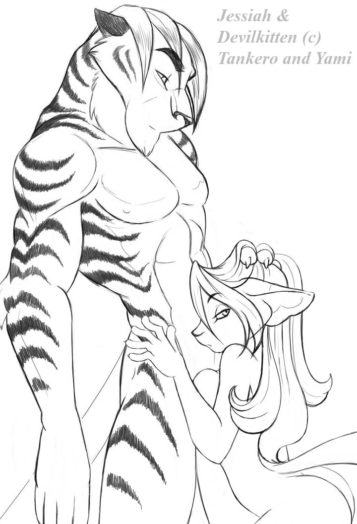 canine couple devilkitten feline female hug intimate jessiah male nude tiger yami