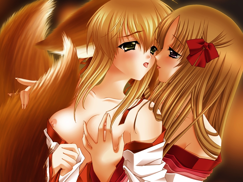 animal_ears black_eyes blonde_hair blush breast_fondling breasts canine female fondling fox foxgirl from_behind green_eyes hair hair_ribbon hentai japanese_clothing kemonomimi kissing kitsune kitsunemimi lesbian long_blonde_hair long_hair multiple_tails open_shirt purple_eyes ribbons standing tail tongue unknown_artist