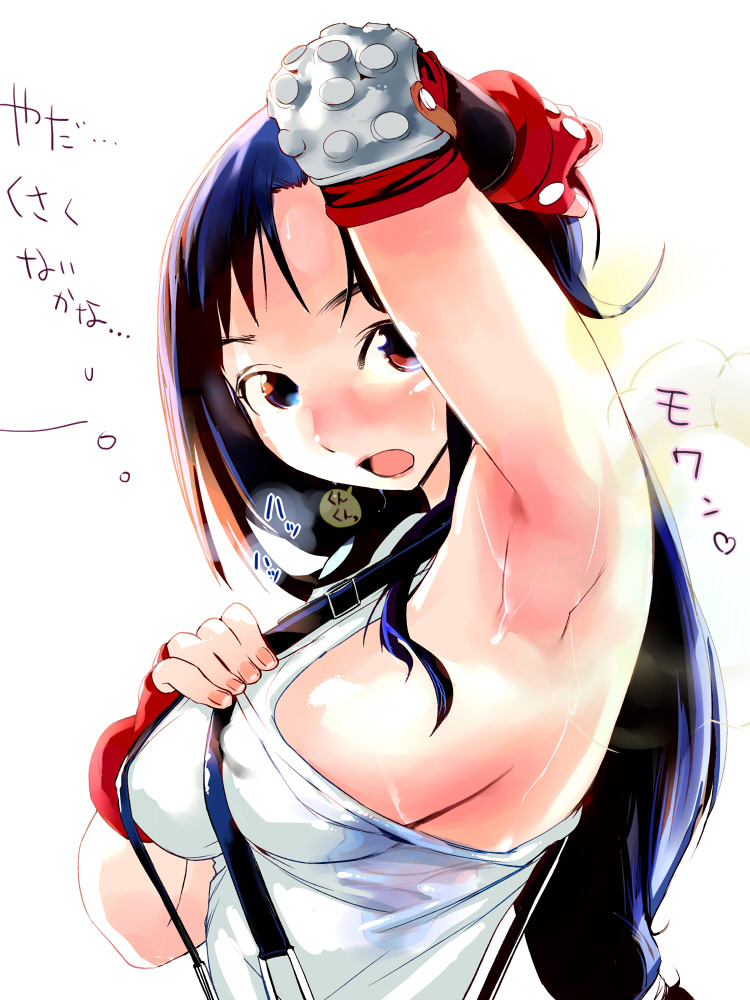 1girl arm_up armpit armpits black_hair blush breasts brown_eyes bust elbow_gloves female final_fantasy final_fantasy_vii fingerless_gloves fingernails girl gloves igarasy knee_pads large_breasts long_hair looking_at_viewer open_mouth showing_armpits sideboob sideboobs simple_background smell solo stain suspenders sweat tifa_lockhart translation_request uniform upper_body white_background
