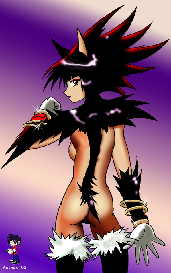 2002 back black_eyes black_hair breasts elbow_gloves female furball hair looking_at_viewer mobian nude over_shoulder shadow_the_hedgehog side_boob sonic_(series) tail thigh_highs