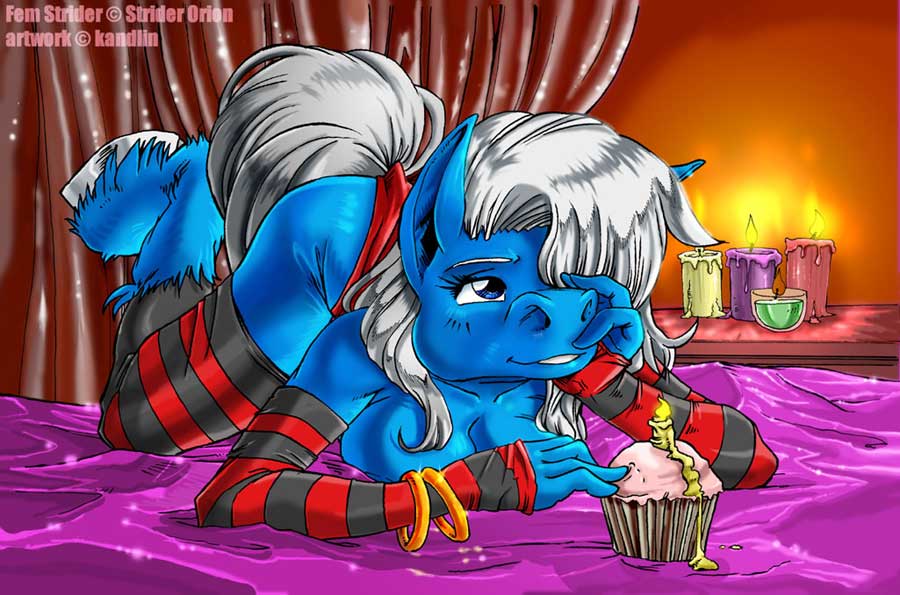 bed birthday bracelet candles cupcake equine female femstrider hooves horse jewelry kandlin long_gloves mare solo stockings stripey topless
