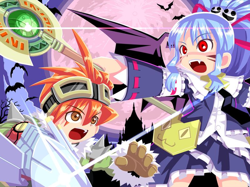 alwen gloves knife pointy_ears purple_hair ragna red_eyes red_hair wings yellow_eyes zwei zwei_2