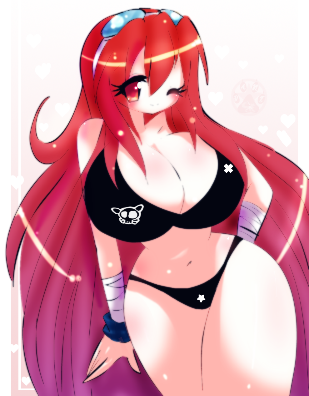 artist_request bikini blush cleavage huge_breasts large_breasts original smile swimsuit wide_hips wink yant