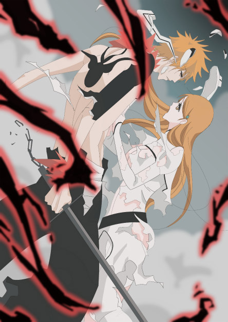 bleach boobs breasts brown_eyes couple inoue_orihime kurosaki_ichigo long_hair orange_hair saya_(color) spiked_hair spiky_hair sword weapon