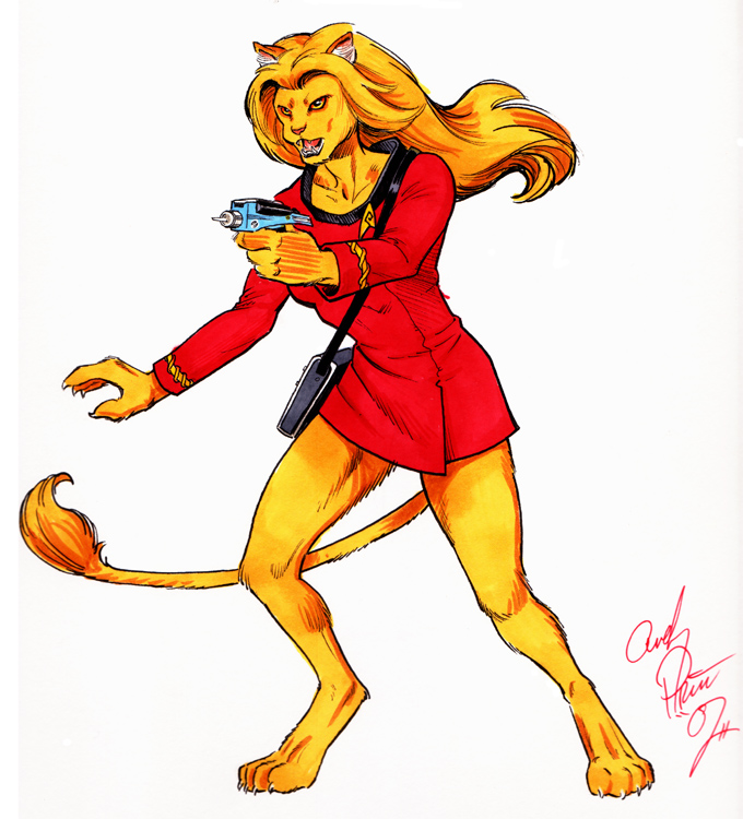 alien andy_price caitian cat clothed dress feline female m'ress phaser solo star_trek